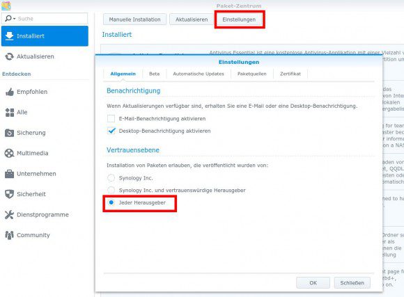 Synology Paketzentrum - jeder Herausgeber