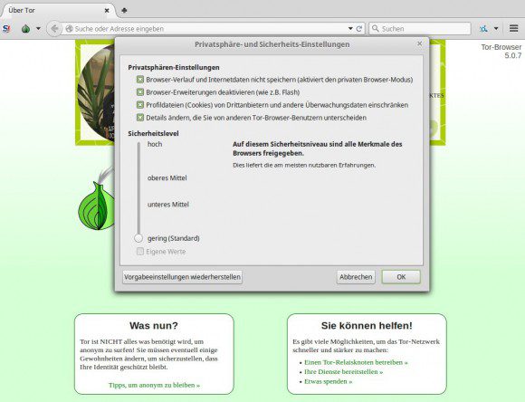 Tor 5.0.7: Sicherheitseinstellungen