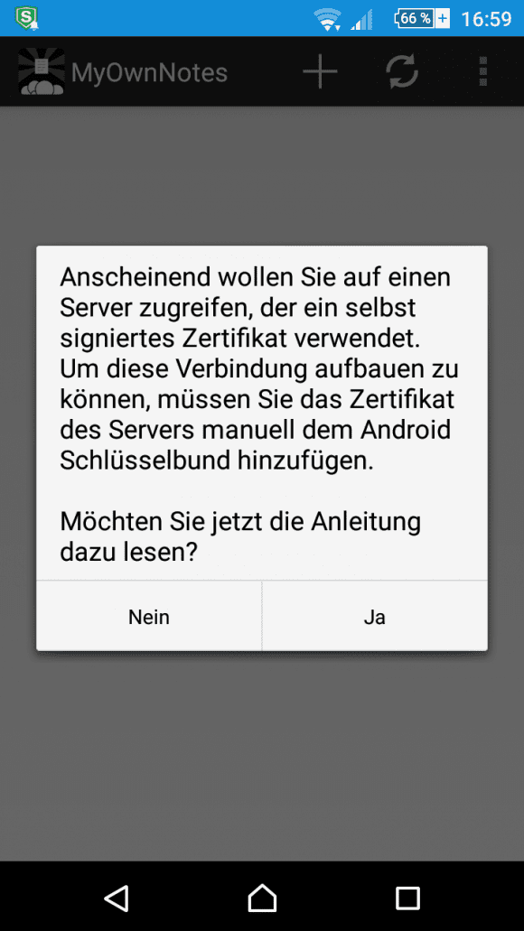 MyOwnNotes weist darauf hin, dass dem Zertifikat nicht vertraut wird
