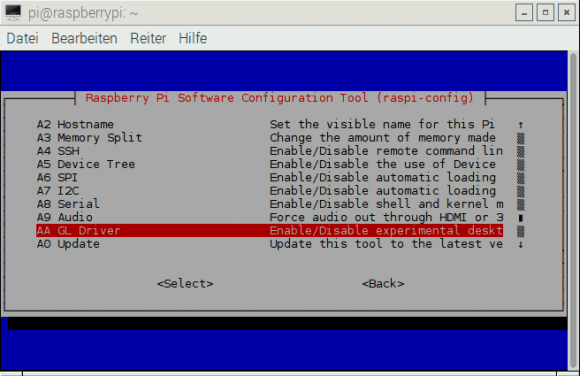 Raspbian 2016-02-03 - raspi-config mit Unterstützung für OpenGL