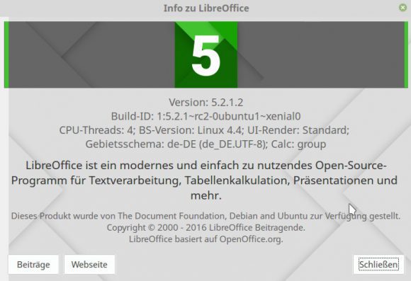 LibreOffice 5.2.1 unter Linux Mint 18 via PPA installiert