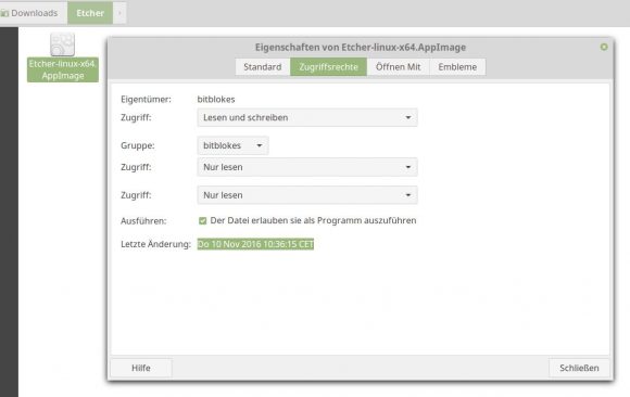 Etcher als AppImage muss ausführbar sein