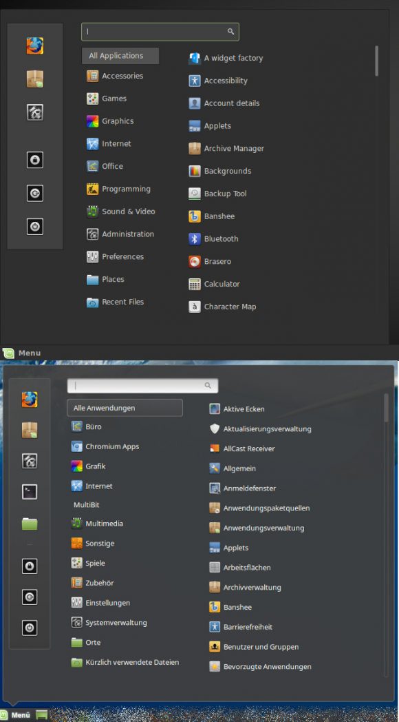 Cinnamon Menü im Vergleich - oben neu, unten alt