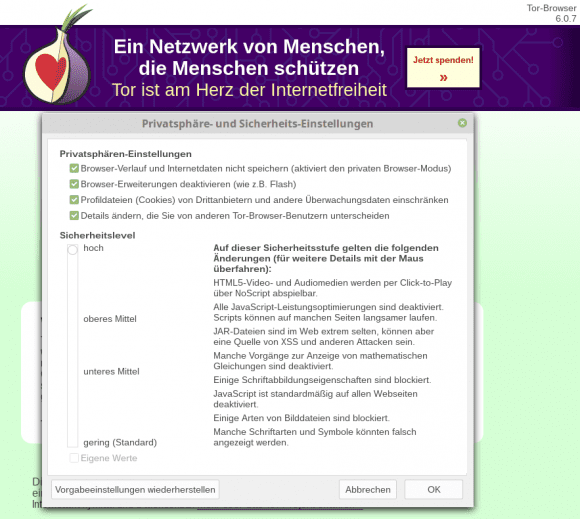 Tor Browser 6.0.7 mit Sicherheitsstufe hoch