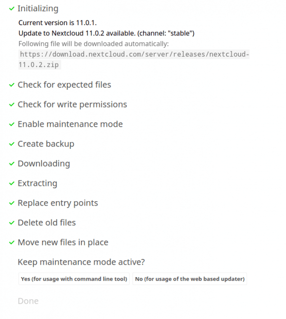 Nextcloud 11.0.2 - Update abgeschlossen