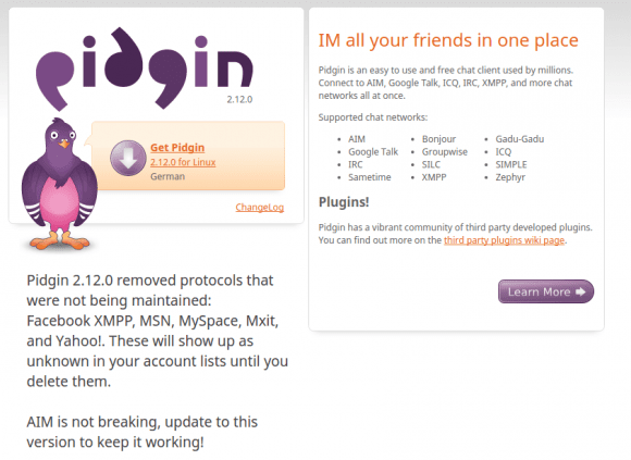 Pidgin 2.12.0 ohne Facebook XMPP, MSN, MySpace, Mxit und Yahoo!