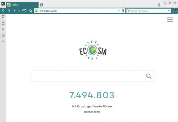 Bei Vivaldi 1.9 ist Ecosia bei den Suchmaschinen aufgenommen