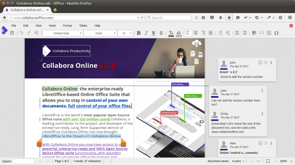 Collabora Online 2.1: Writer (Quelle: collaboraoffice.com)