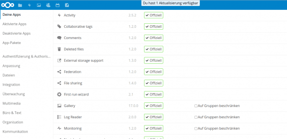 Nextcloud 12 - die Apps sind nun oben in der Leiste