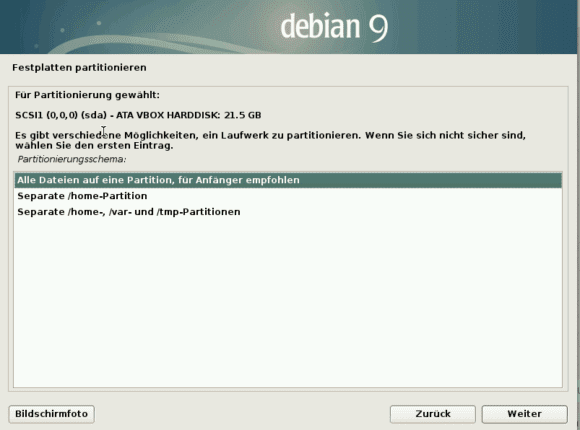 Beim Partitionieren schlägt Debian 9 mehrere Varianten vor