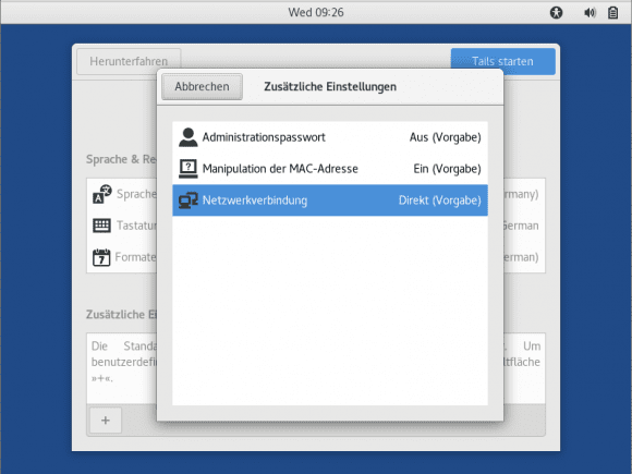 Tails 3.0 Greeter - zusätzliche Einstellungen