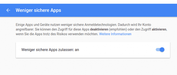 Weniger sichere Apps zulassen, damit Postfix darüber senden kann