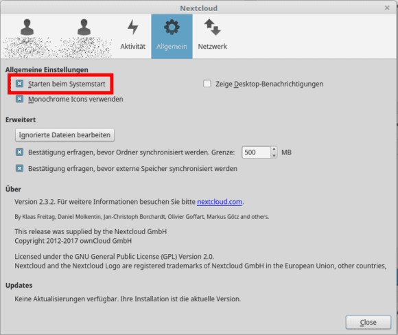 Der Nextcloud Client startet mit Systemstart