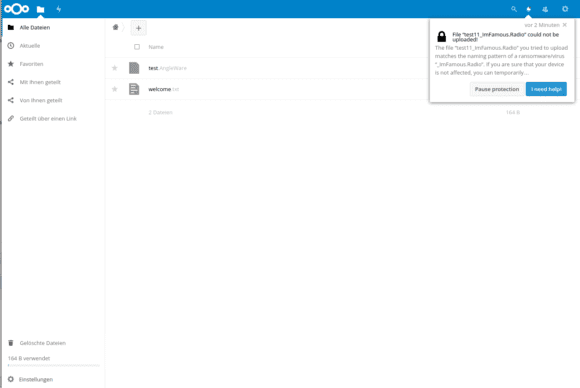 Ransomware Protection App verhindert das Hochlade von schädlicher Software (Quelle: Nextcloud.com)