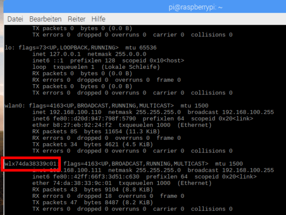 Ohne Kabel am Pi wird aus wlan1 ebenfalls ein wlx+MAC-Adresse