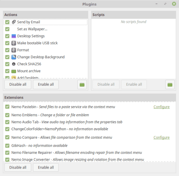 Nemo-Erweiterungen in Linux Mint 18.3 (Quelle: linuxmint.com)