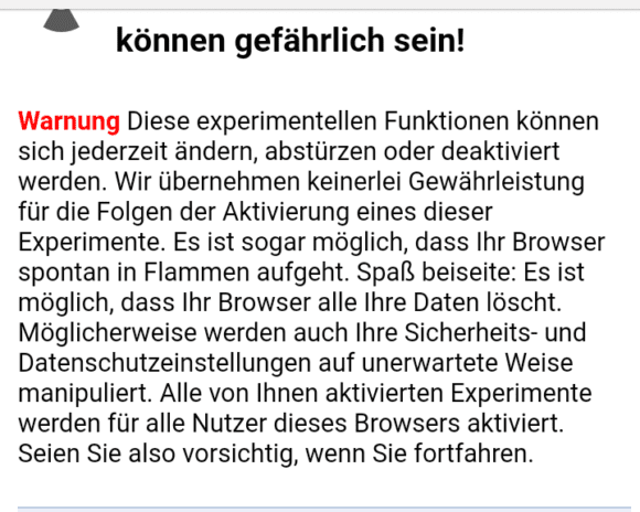 Die experimentellen Funktionen bitte mit Vorsicht genießen