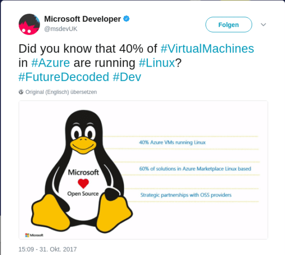 40 Prozent der Virtuellen Maschinen in Azure laufen mit Linux