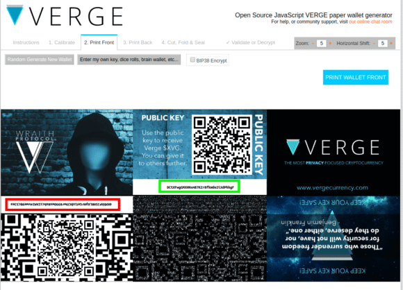 Öffentlicher und privater Schlüssel der Verge Paper Wallet