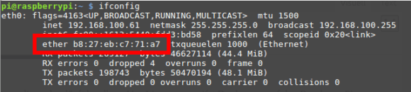 Du findest die MAC-Adresse Deines Pi über den Befehl ifconfig heraus