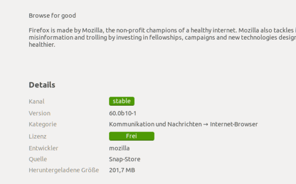 Firefox 60 Beta als Snap