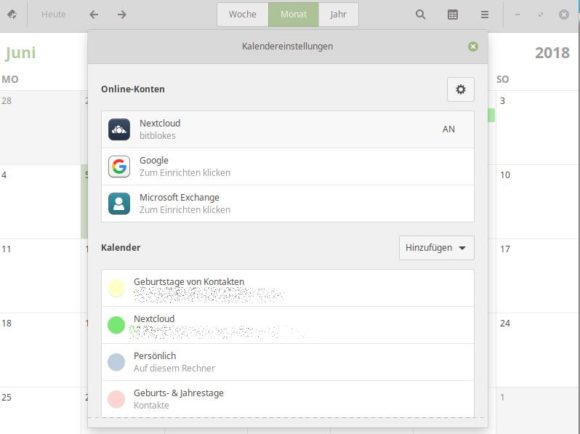 GNOME Kalender verbindet sich ohne Probleme mit der Nextcloud