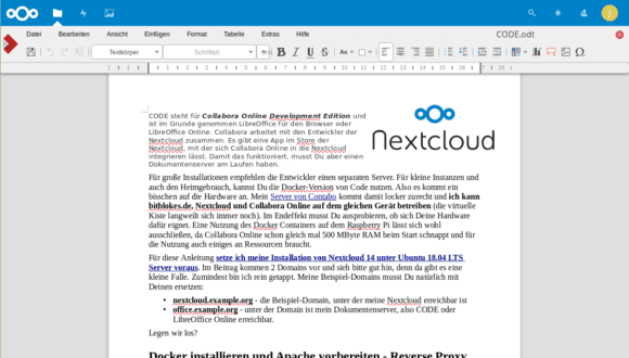 LibreOffice Online Writer in der Nextcloud integriert