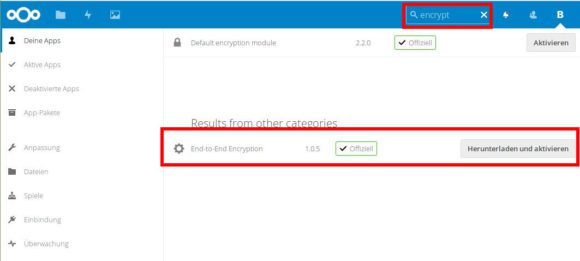 Suche nach dem Modul End-to-End Encryption und aktiviere es