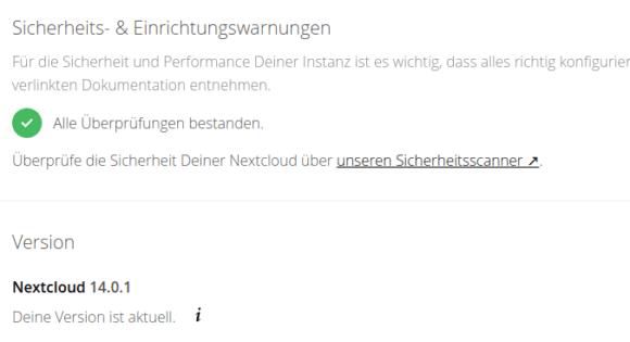 Alles in Ordnung und Nextcloud 14.0.1 läuft wie geschmiert