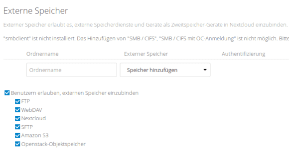 Nextcloud - Unterstützung für externe Speicher: FTP Client, WebDAV, Nextcloud, SFTP, Amazon S3, Openstack-Objektspeicher