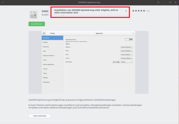 Ich darf das GNOME Tweak Tool nicht installieren