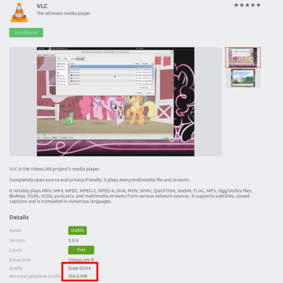 VLC als Snap hat 200 MByte