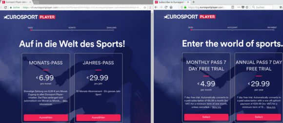 Eurosport globaler Preisunterschied