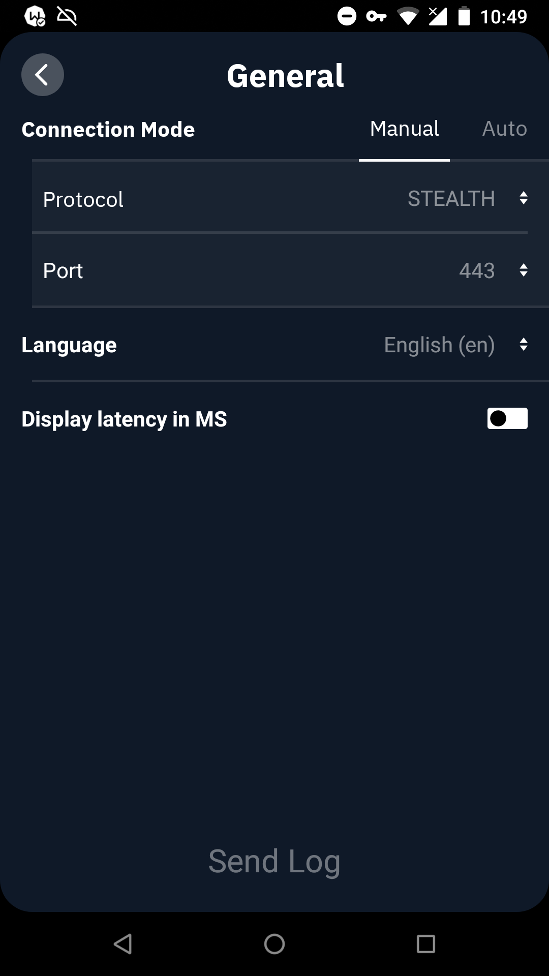 Windscribe unter Android mit manuell ausgewähltem Stealth-Protokoll auf Port 443