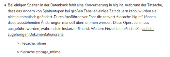 Nextcloud verlangt, dass bei der Datenbank auf big int konvertiert wird