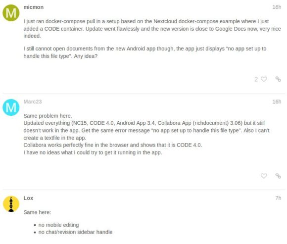 Das mit der Nextcloud App, der Talk Sidebar und CODE klappt auch bei anderen nicht