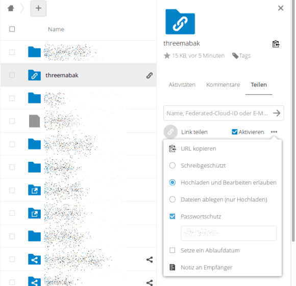 Link teilen, Hochladen und Bearbeiten erlauben, Passwort setzen