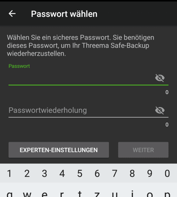 Passwort für das Backup festlegen