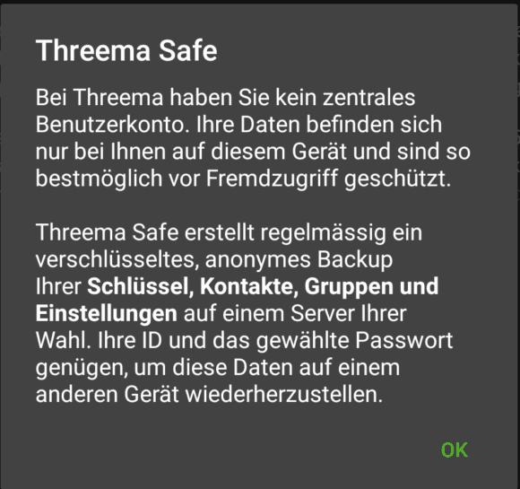 Threema Safe sichert Schlüssel, Kontakte, Gruppen und Einstellungen