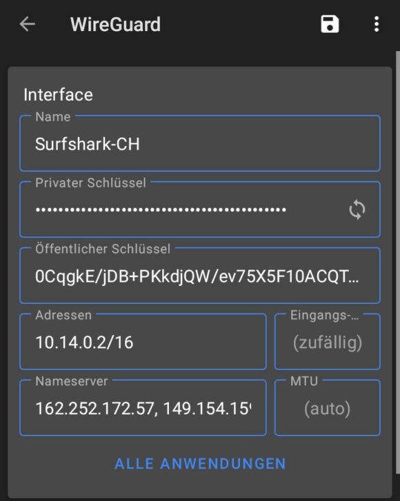 WireGuard App Android: Einstellungen des VPN-Tunnels