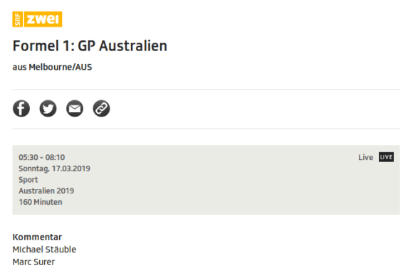 SRF überträgt die Formel 1: Großer Preis von Australien