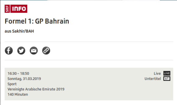 Großer Preis von Bahrain: Formel 1 via SRF - so gut wie werbefrei