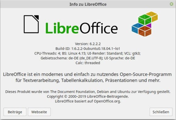 LibreOffice 6.2 ist installiert