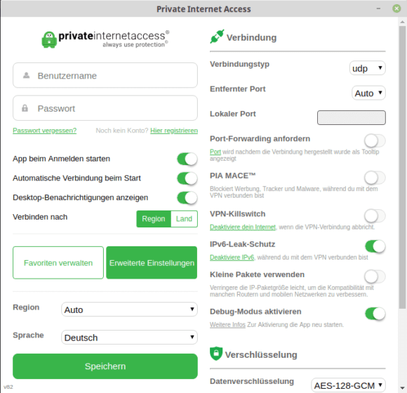 PIA bietet eines der schönsten GUIs für Linux