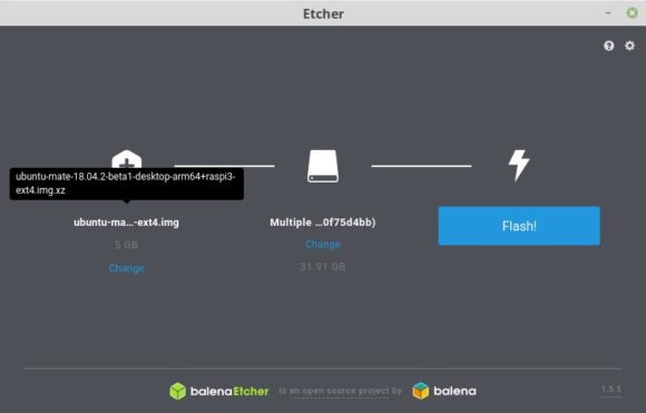 Ubuntu MATE 18.04 mit Etcher auf die microSD-Karte schreiben