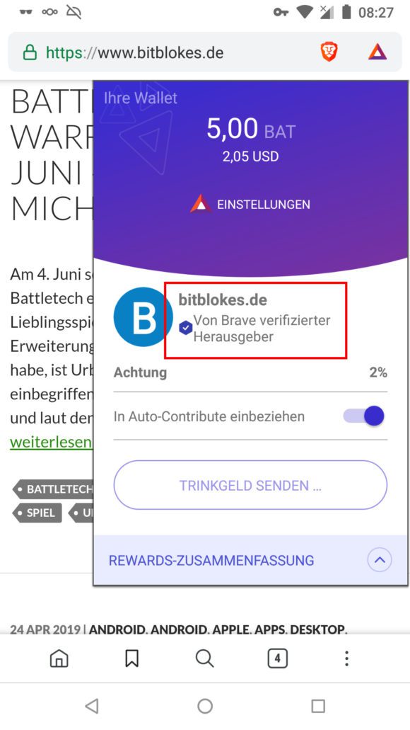 Brave Rewards unter Android