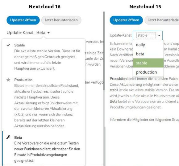 Nextcloud 16 erklärt den Update-Kanal