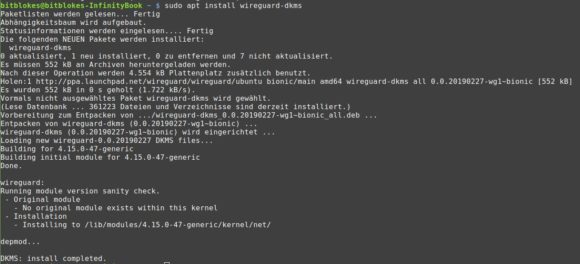 Eine Neuinstallation des Pakets wireguard-dkms hat WireGuard wieder auf die Beine geholfen