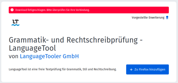 Add-ons: Download fehlgeschlagen. Bitte überprüfen Sie Ihre Verbindung.