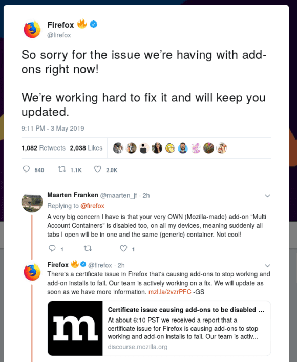 Firefox-Entwickler bestätigen das Problem auf Twitter